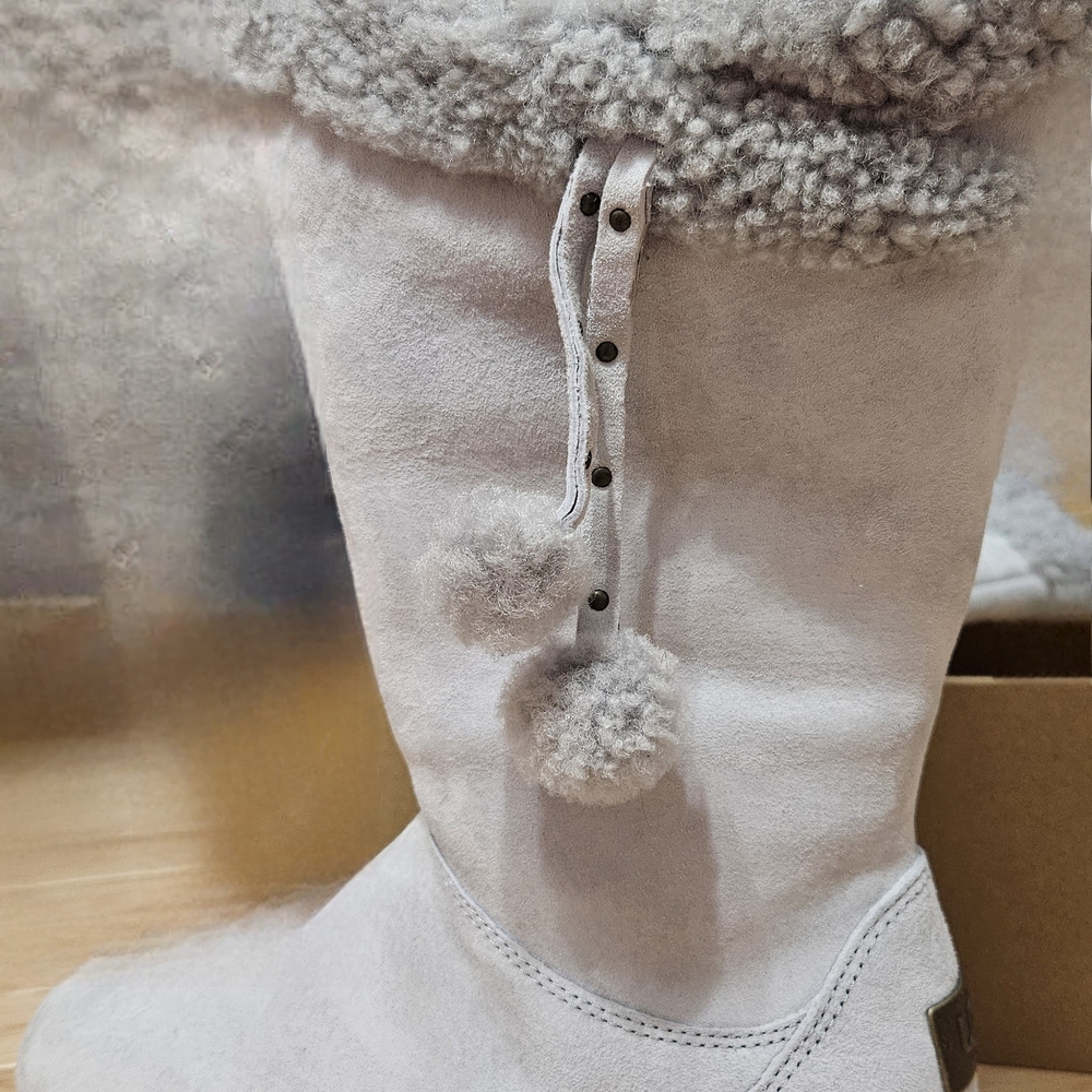 UGG Gray Ankle Boots with Pom Poms